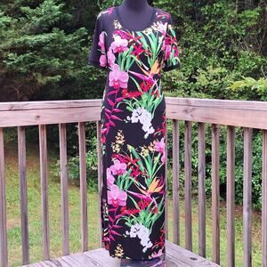 GILI Tropical Flowers Black Floral Side Slit Stretch Maxi Dress Women's Medium